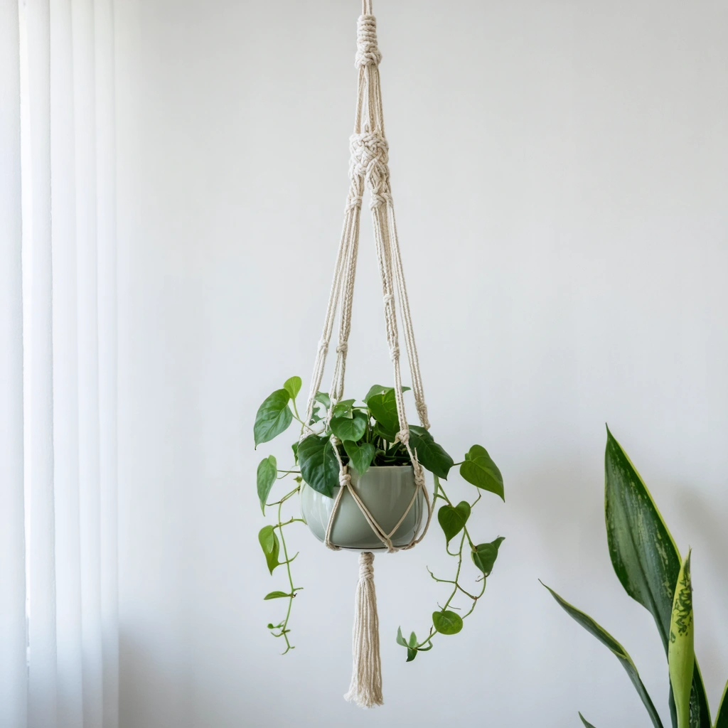 Suspension en macramé faite main avec une plante verte dans un pot en verre suspendu, ambiance bohème et cosy.
