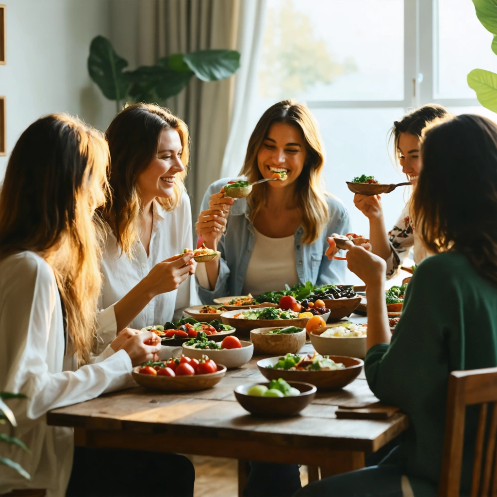 Des femmes partagent un repas en pleine conscience à une table conviviale, savourant chaque bouchée dans une ambiance chaleureuse.