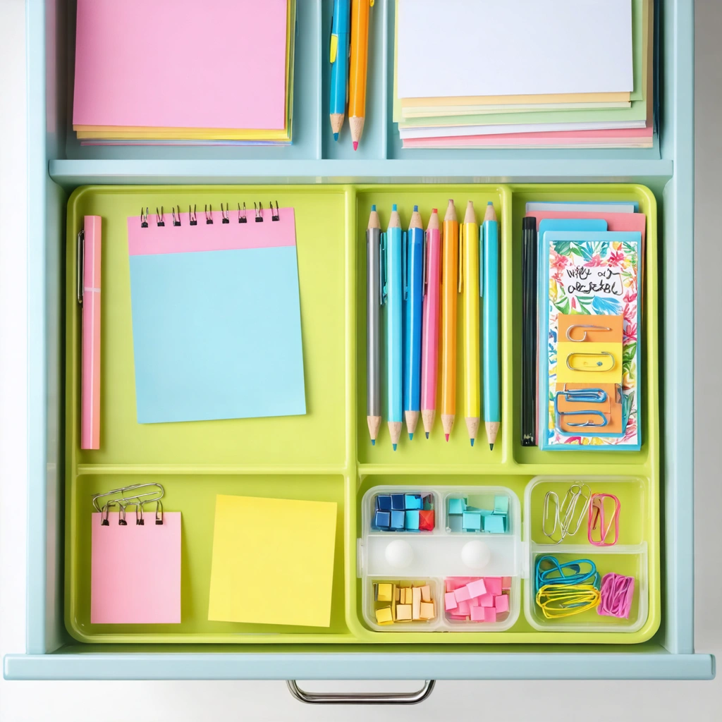 Tiroir de bureau aménagé de façon minimaliste avec accessoires de rangement, fournitures colorées et étiquettes, intérieur ordonné et inspirant.