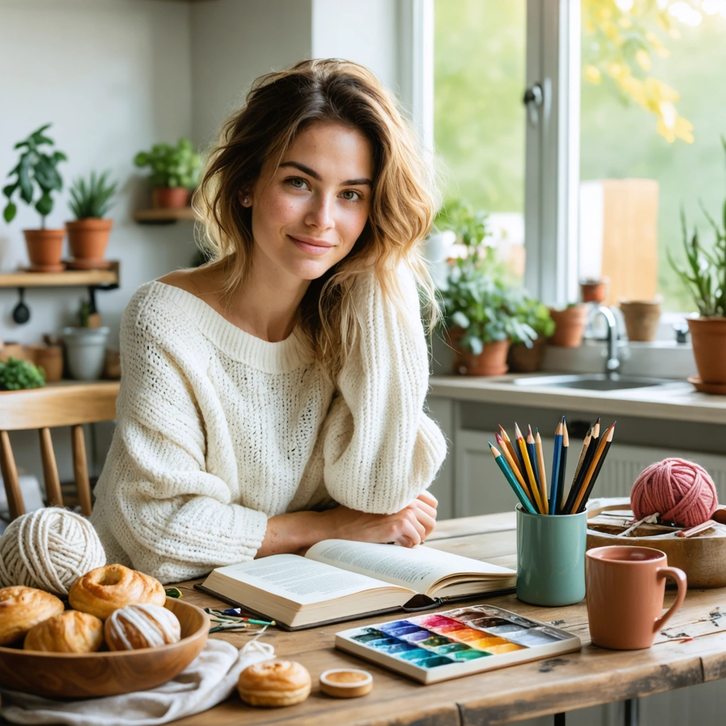 Une femme profite d’un week-end calme chez elle autour d’une table avec peinture, carnet, argile, laine, plantes et pâtisseries pour se détendre grâce à des activités créatives.