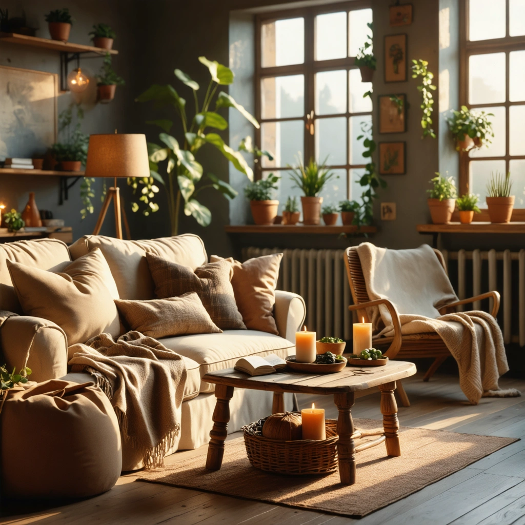 Salon chaleureux avec lumière douce, canapé garni de coussins et plaid, table en bois, bougies, matières naturelles et coin lecture cosy.