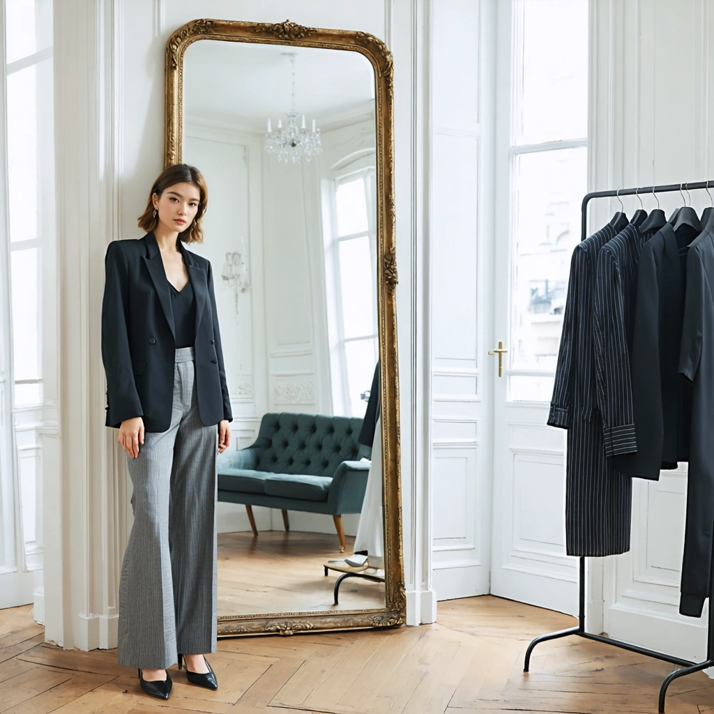 Une femme de petite taille porte une tenue taille haute élégante devant un miroir, avec plusieurs vêtements et accessoires disposés autour d’elle pour montrer comment allonger visuellement la silhouette.