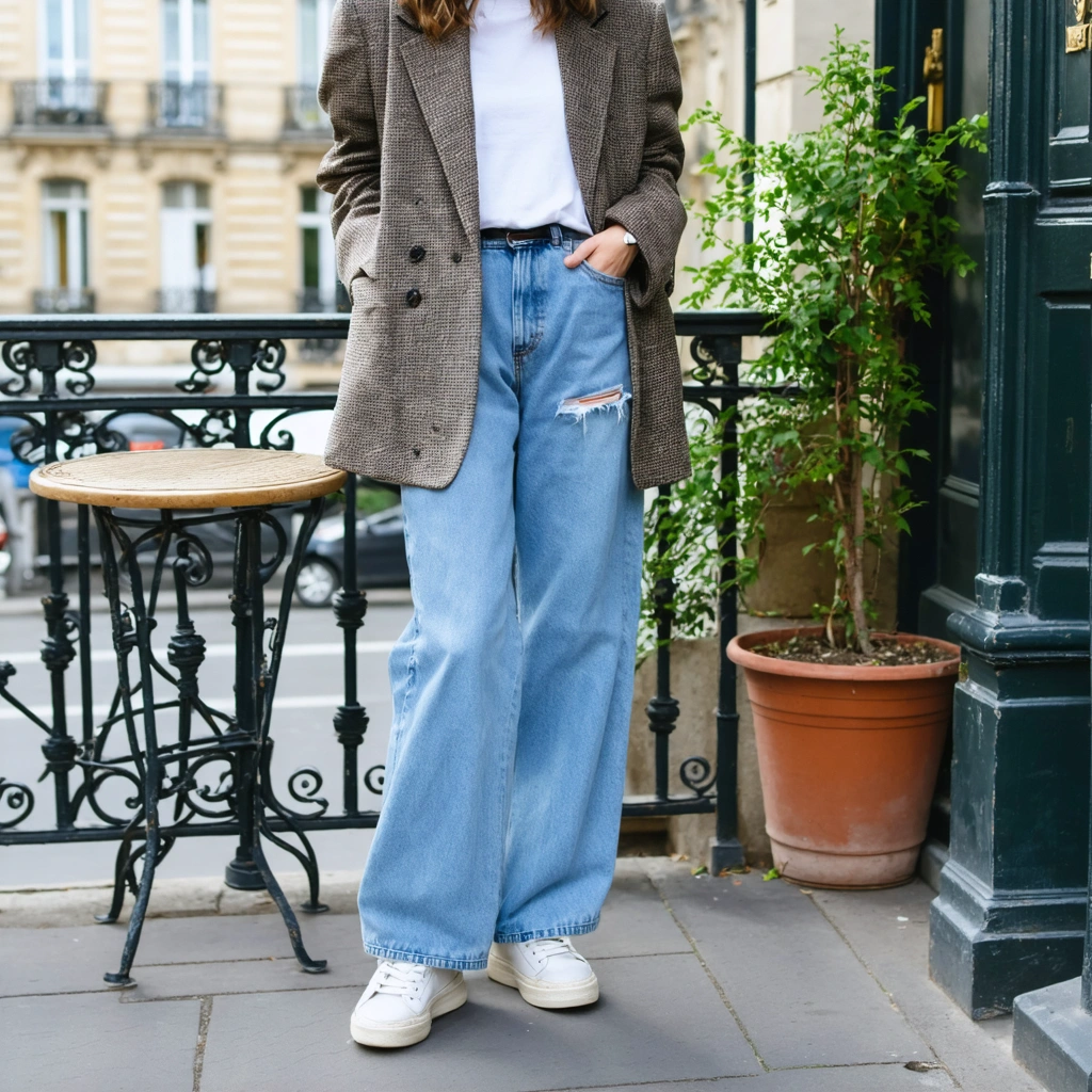 Femme portant un blazer de maniere decontractee avec un tee-shirt blanc, un jean et des baskets dans un decor urbain chic