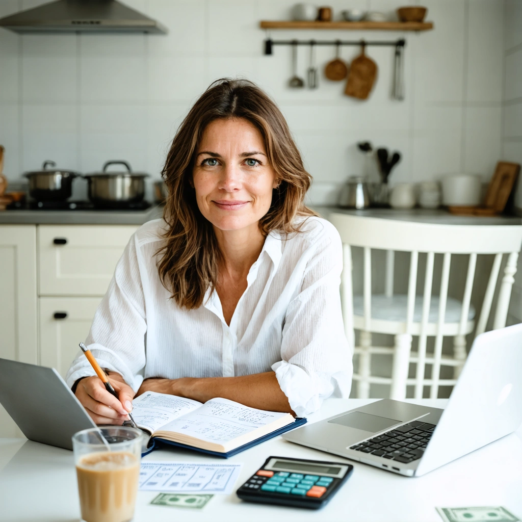 Une femme souriante assise à une table de cuisine organise son budget mensuel avec un ordinateur, un carnet, une calculatrice et des tickets de caisse.