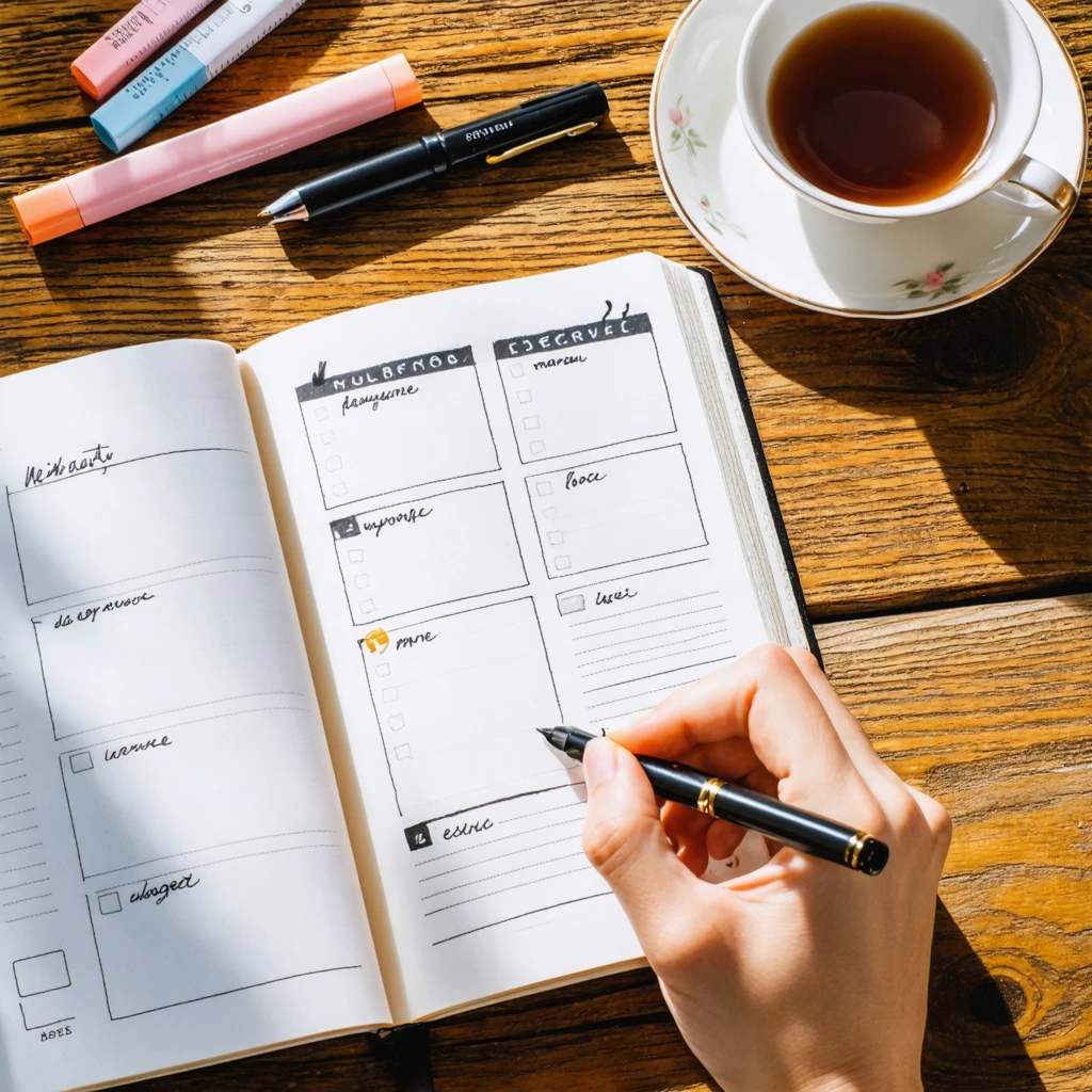 Un bullet journal minimaliste ouvert sur un bureau en bois, avec une mise en page simple, un stylo, une tasse de the et une main en train d ecrire