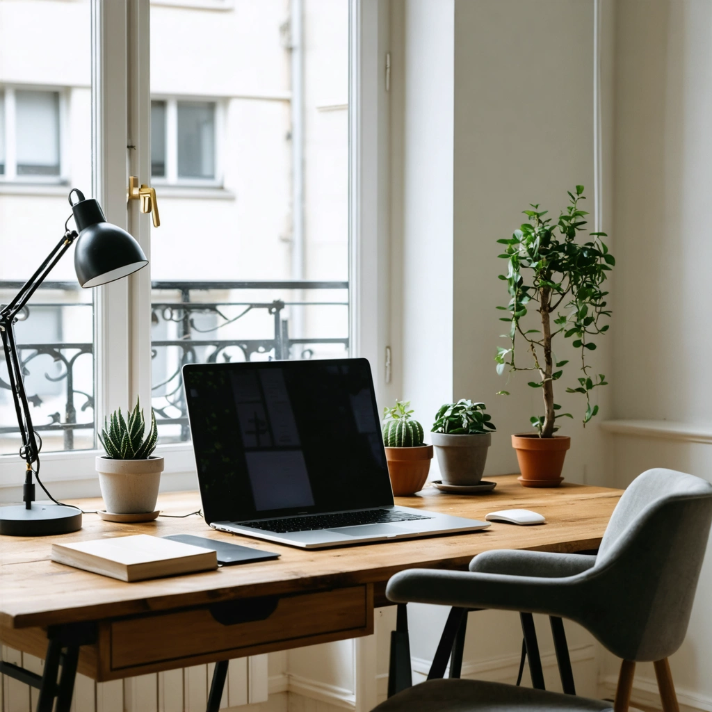 Un espace de travail zen et bien organise avec un bureau en bois, un ordinateur portable, une plante verte, une lampe douce et une lumiere naturelle apaisante.