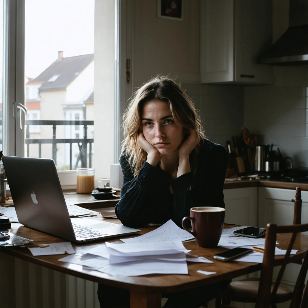 Une femme assise à une table de cuisine, l’air épuisé et submergé, face à un ordinateur et une tasse de café, illustrant l’épuisement émotionnel.