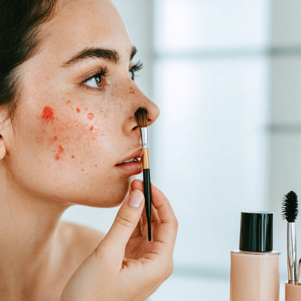 Femme appliquant du correcteur avec un petit pinceau sur un bouton rouge du visage devant un miroir, dans une salle de bain lumineuse.