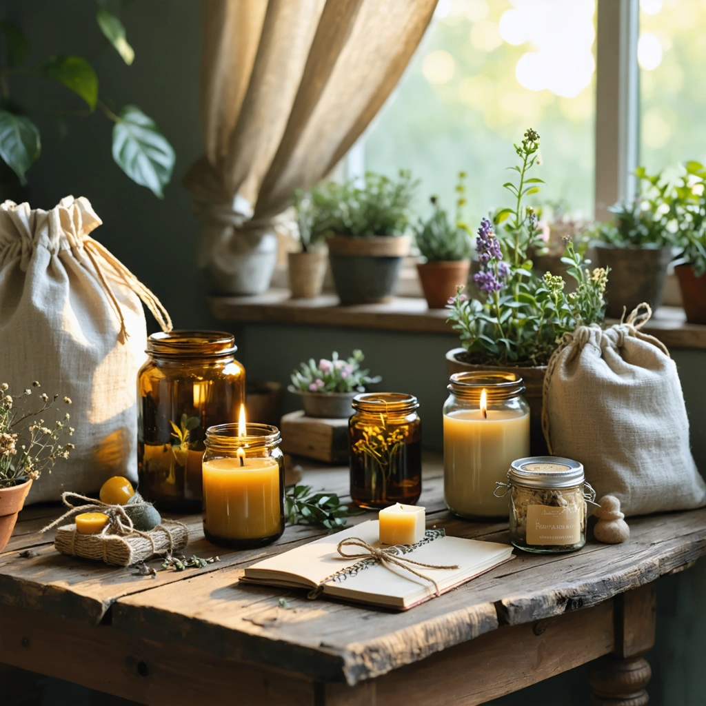 Table en bois avec plusieurs cadeaux faits maison et écologiques joliment présentés, dont des bougies naturelles, des bocaux d'infusion, un carnet artisanal, une plante et des accessoires en tissu