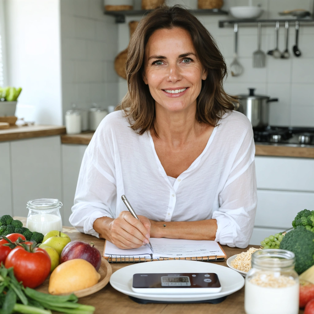 Une femme souriante dans une cuisine lumineuse calcule ses calories avec un carnet, un smartphone, une balance alimentaire et des aliments sains posés sur la table.
