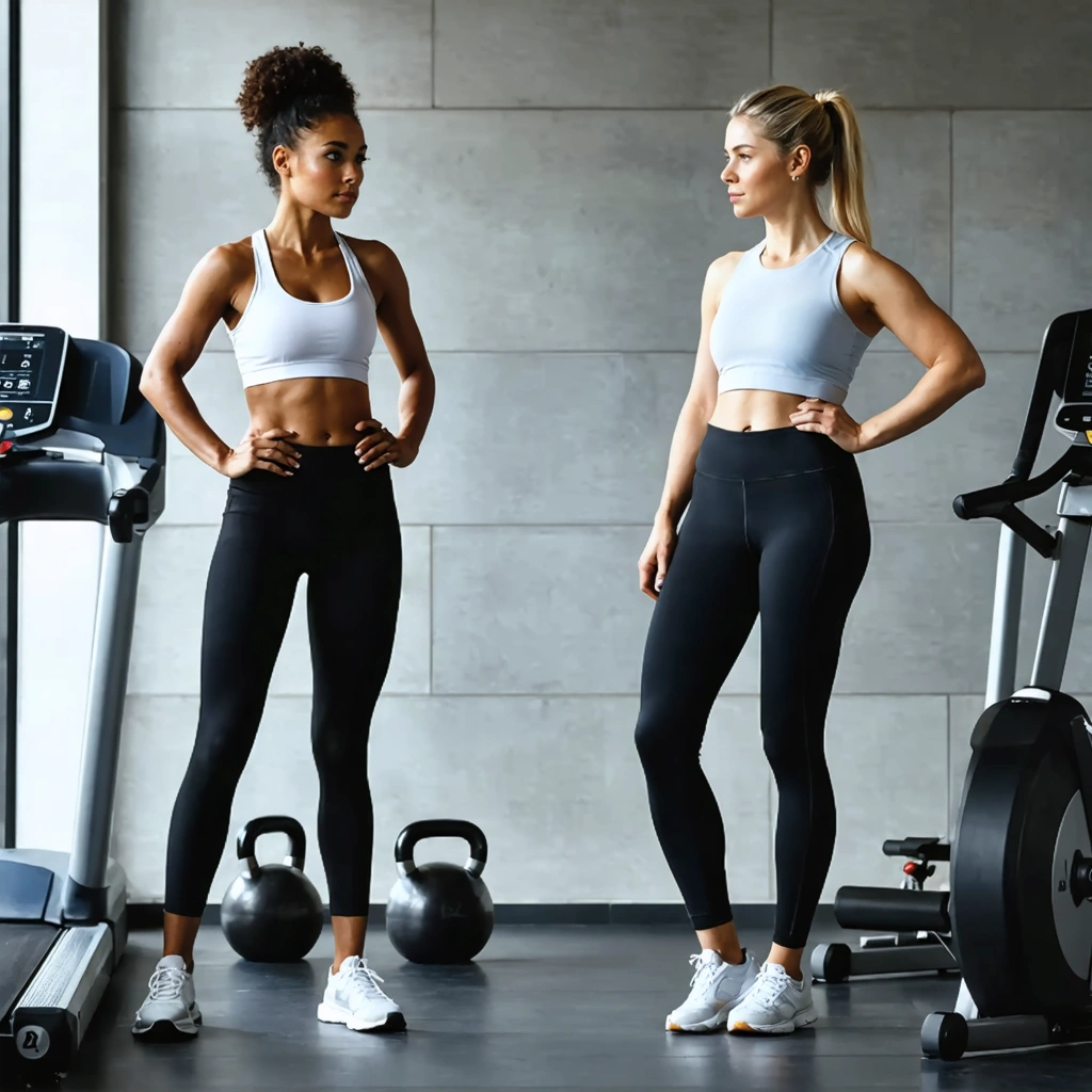 Une femme dans une salle de sport hésite entre des machines de cardio et des haltères pour choisir son type d’entraînement.