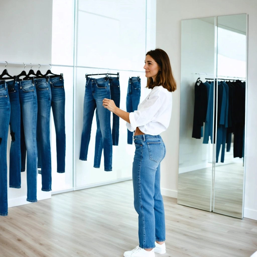 Une femme souriante dans une cabine d essayage compare plusieurs coupes de jean pour choisir celle qui met le mieux sa silhouette en valeur.