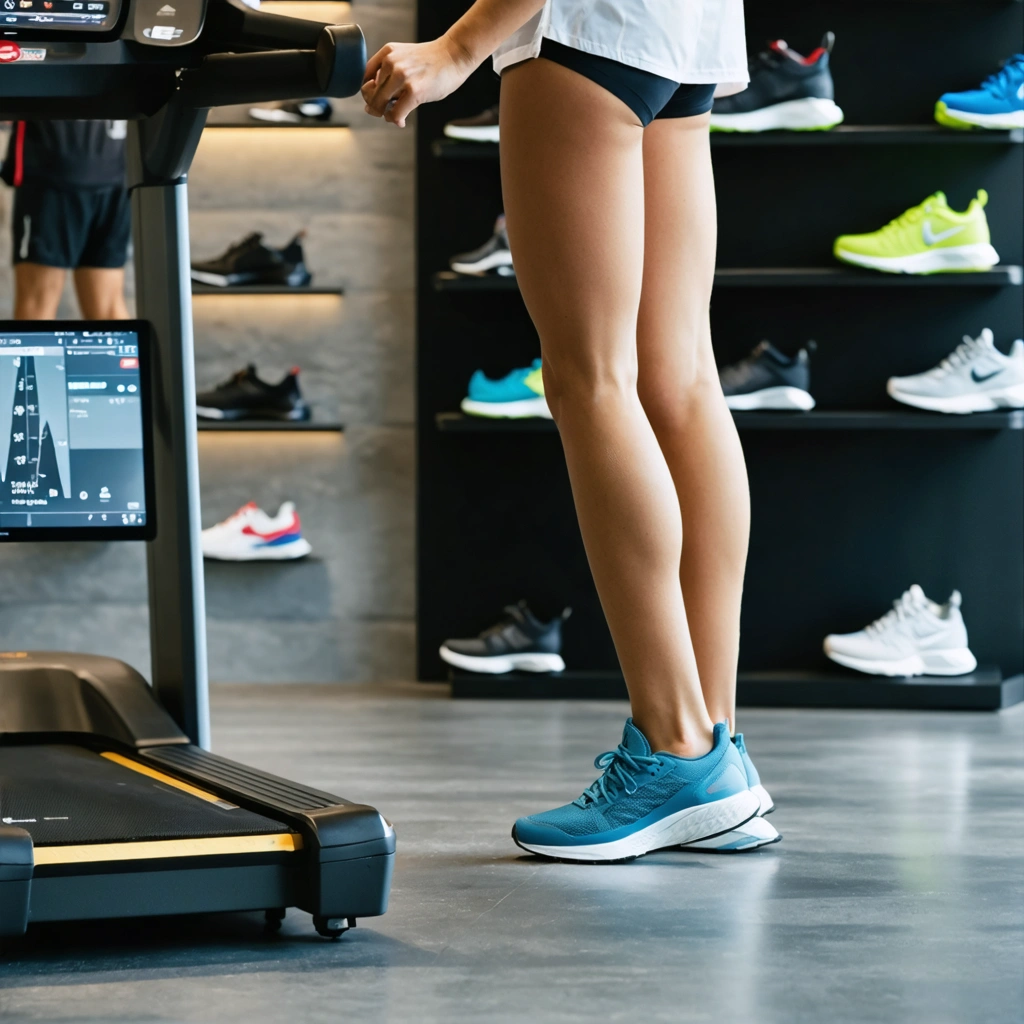 Une coureuse dans un magasin spécialisé compare plusieurs chaussures de running près d’un tapis d’analyse de foulée.