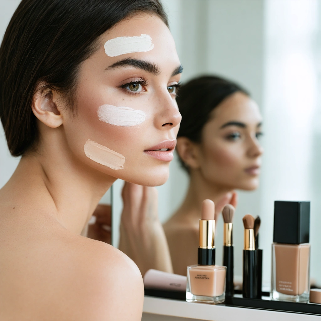 Femme testant plusieurs teintes de fond de teint sur la machoire en lumiere naturelle pour identifier le bon sous-ton de peau