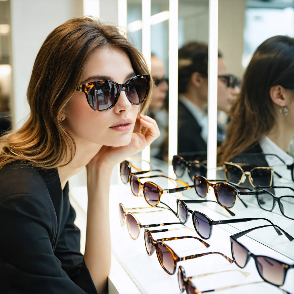 Une femme essaie plusieurs lunettes de soleil devant un miroir dans une boutique lumineuse afin de choisir une monture adaptée à la forme de son visage.