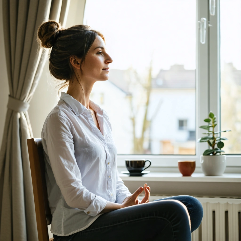 Une femme assise près d’une fenêtre pratique un exercice de respiration calme pendant cinq minutes dans un intérieur apaisant.