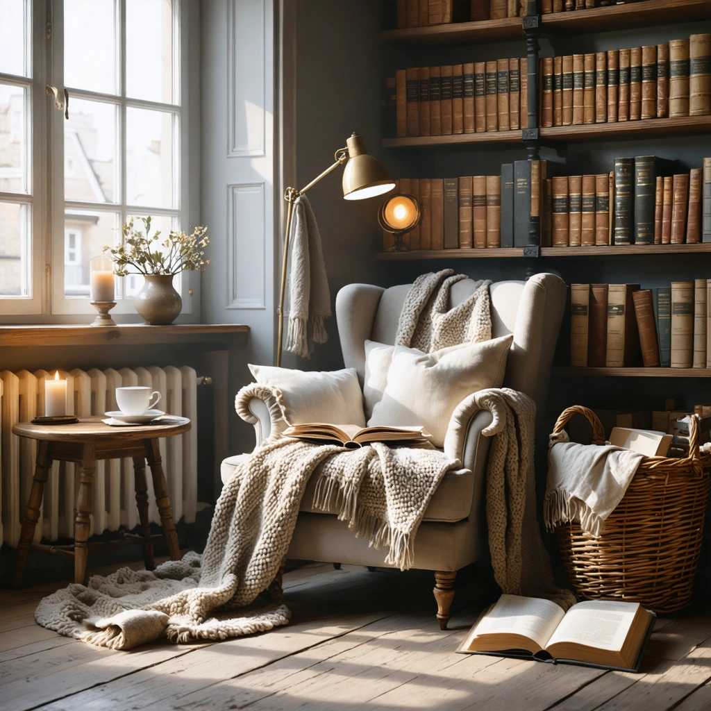 Un coin lecture chaleureux avec un fauteuil confortable, un plaid, des coussins, une lampe douce, une petite table avec un livre et une tasse, près d'une fenêtre dans un intérieur cosy.