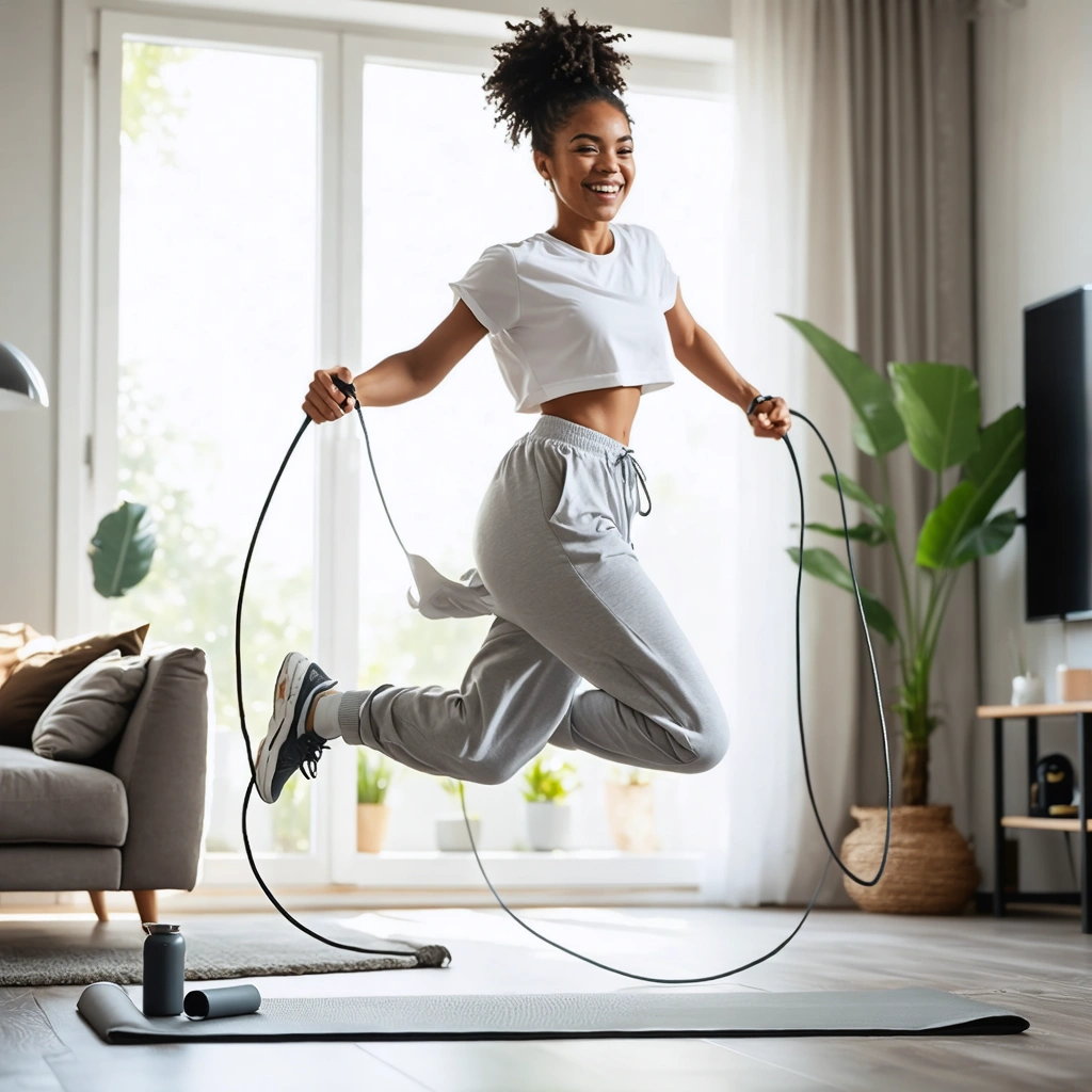Une femme saute a la corde chez elle dans un salon lumineux, en tenue de sport, dans une ambiance dynamique et motivante.
