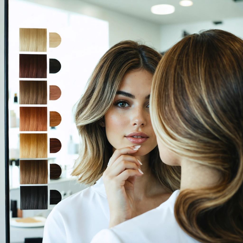 Une femme dans un salon de coiffure compare plusieurs nuances de coloration près de son visage devant un miroir pour choisir une couleur adaptée à son teint.