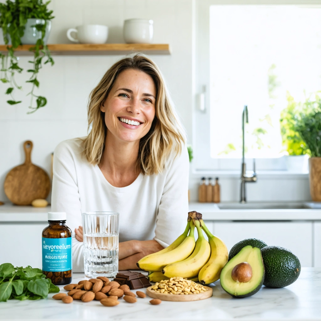 Une femme souriante assise a une table de cuisine avec un verre d eau, un complement de magnesium et des aliments riches en magnesium comme des amandes, une banane, de l avocat et du chocolat noir.