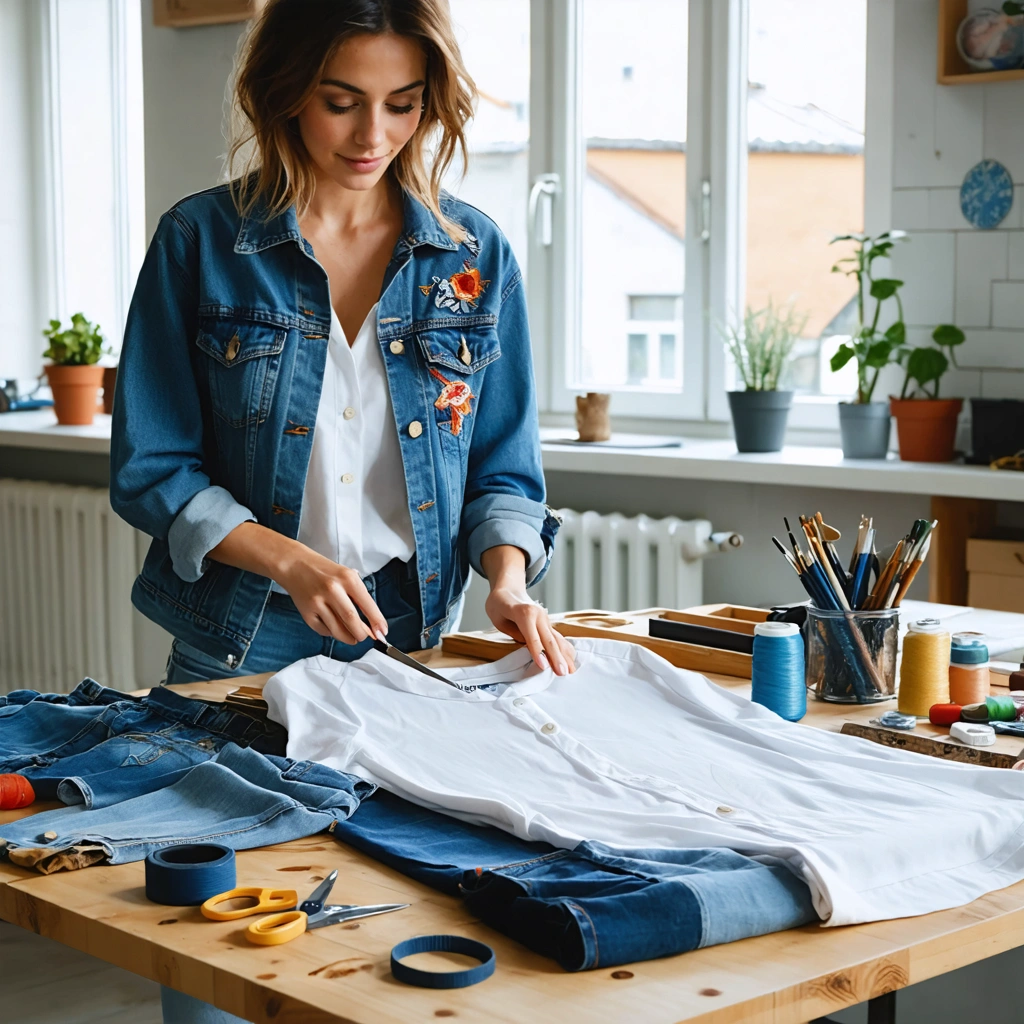 Une femme personnalise de vieux vetements sur une table avec des ciseaux, des boutons, des patchs et une veste en jean en cours de transformation.