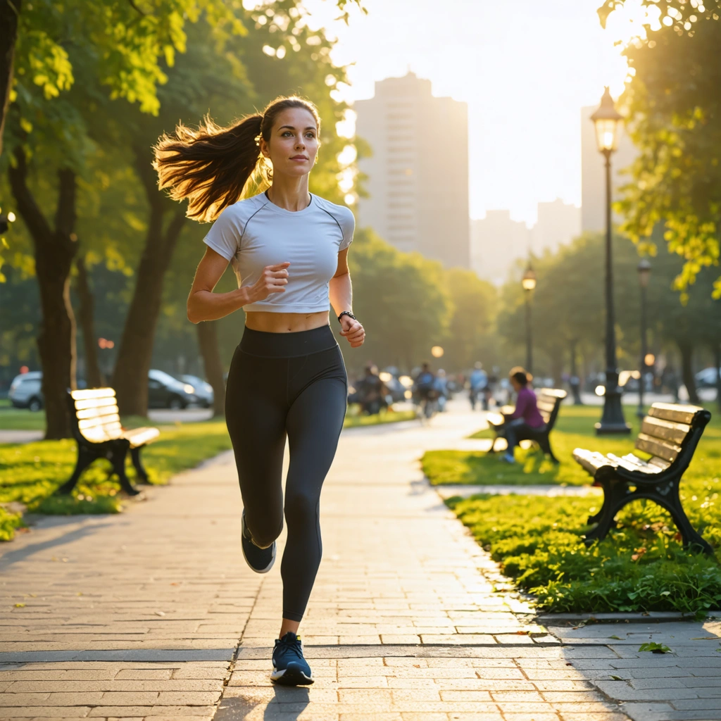 Une debutante en course a pied alterne marche rapide et jogging leger dans un parc au lever du jour.