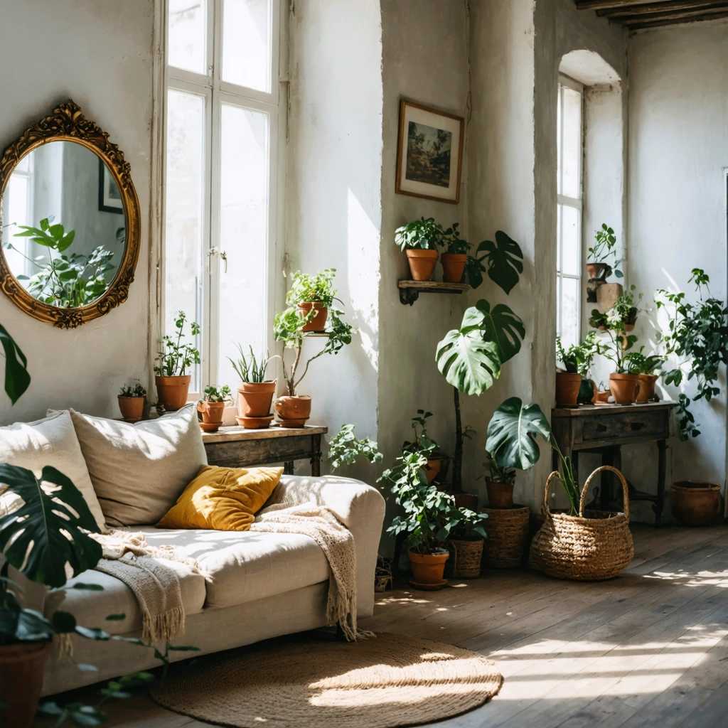 Un petit appartement lumineux et joliment decoré avec un budget modeste, comprenant un canape avec coussins, des plantes, un miroir, des cadres muraux et des meubles de seconde main.
