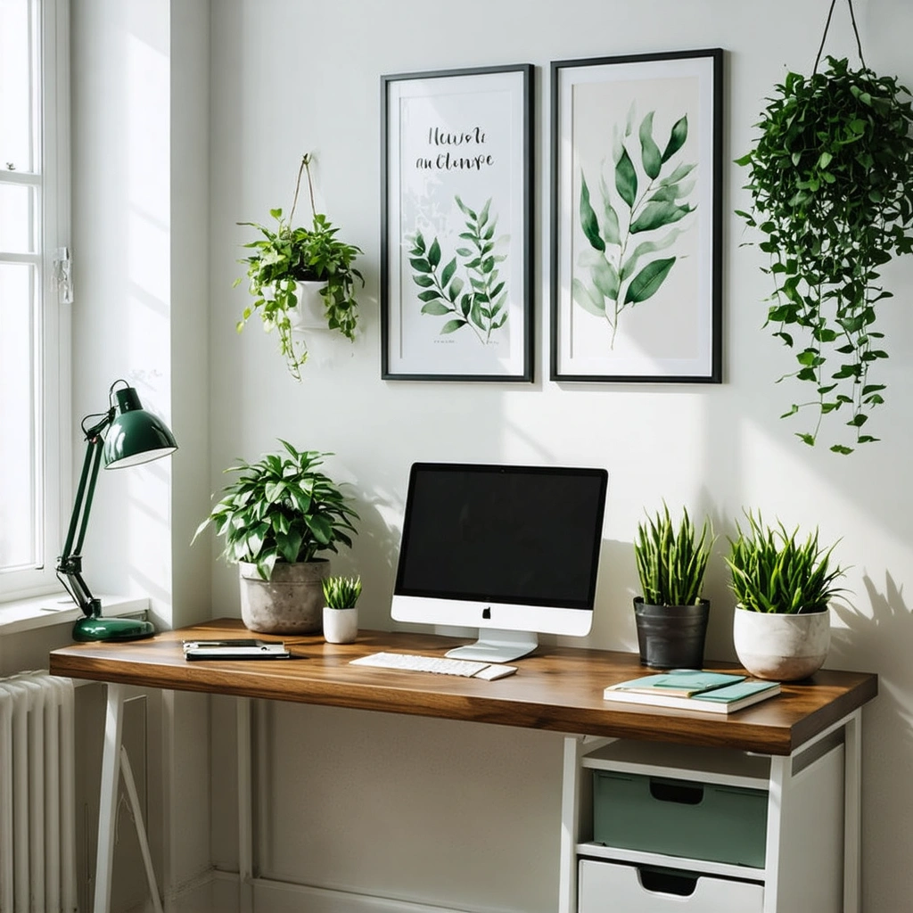 Un bureau maison cosy et inspirant avec lampe, plantes, rangements élégants, papeterie et décoration murale dans des tons doux