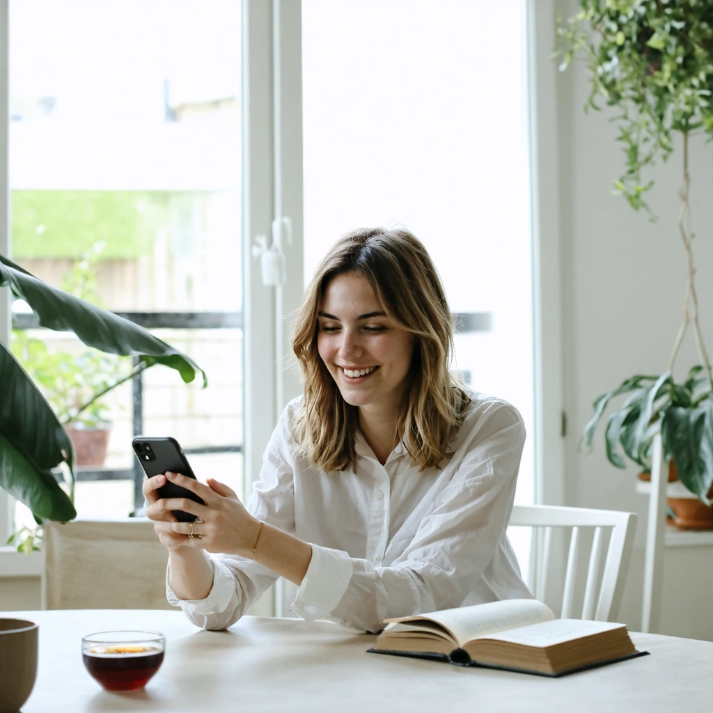 Une femme souriante pose son telephone sur une table dans un salon chaleureux, avec un livre, une tasse de the et des plantes, symbolisant une pause des reseaux sociaux sans isolement.