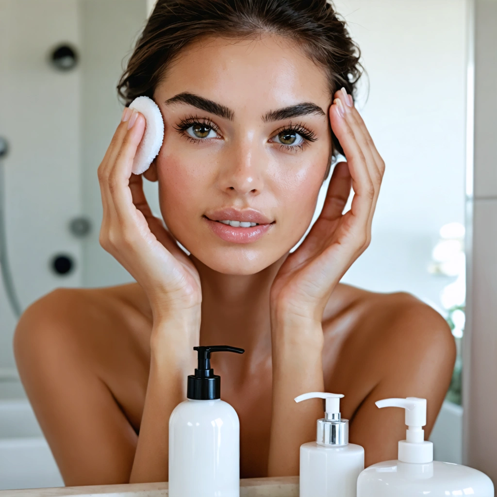 Femme en train de se demaquiller les yeux delicatement avec un coton doux devant un miroir dans une salle de bain