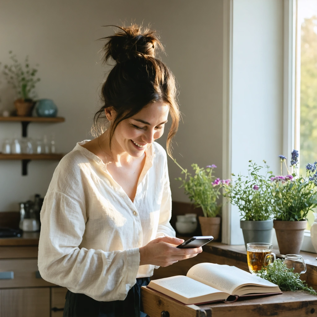 Une femme range son smartphone dans un tiroir dans un intérieur calme, avec un livre, une tisane et un carnet sur la table, illustrant une détox numérique le week-end.