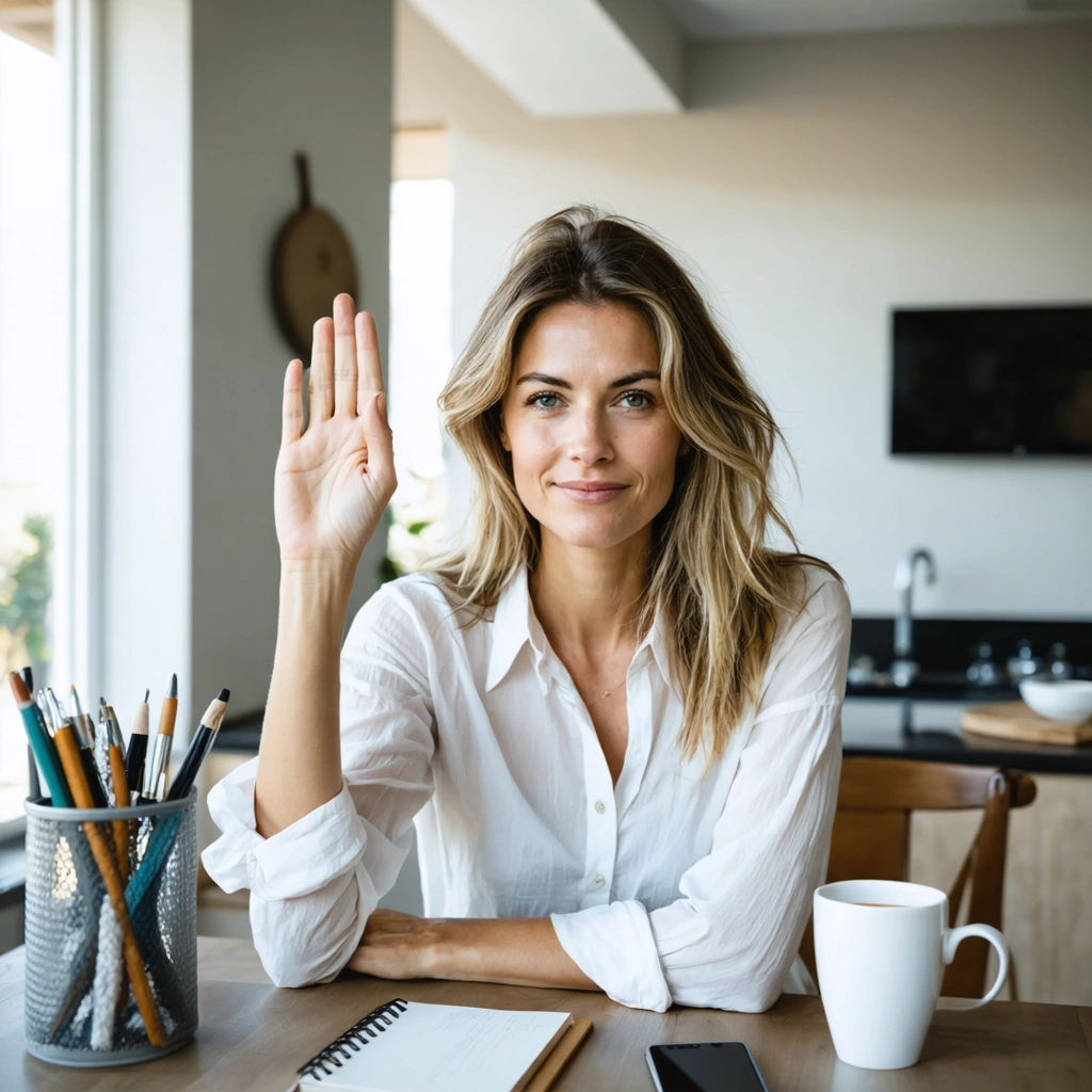 Une femme assise à une table lève doucement la main pour signifier un refus calme, dans un intérieur lumineux et apaisant.