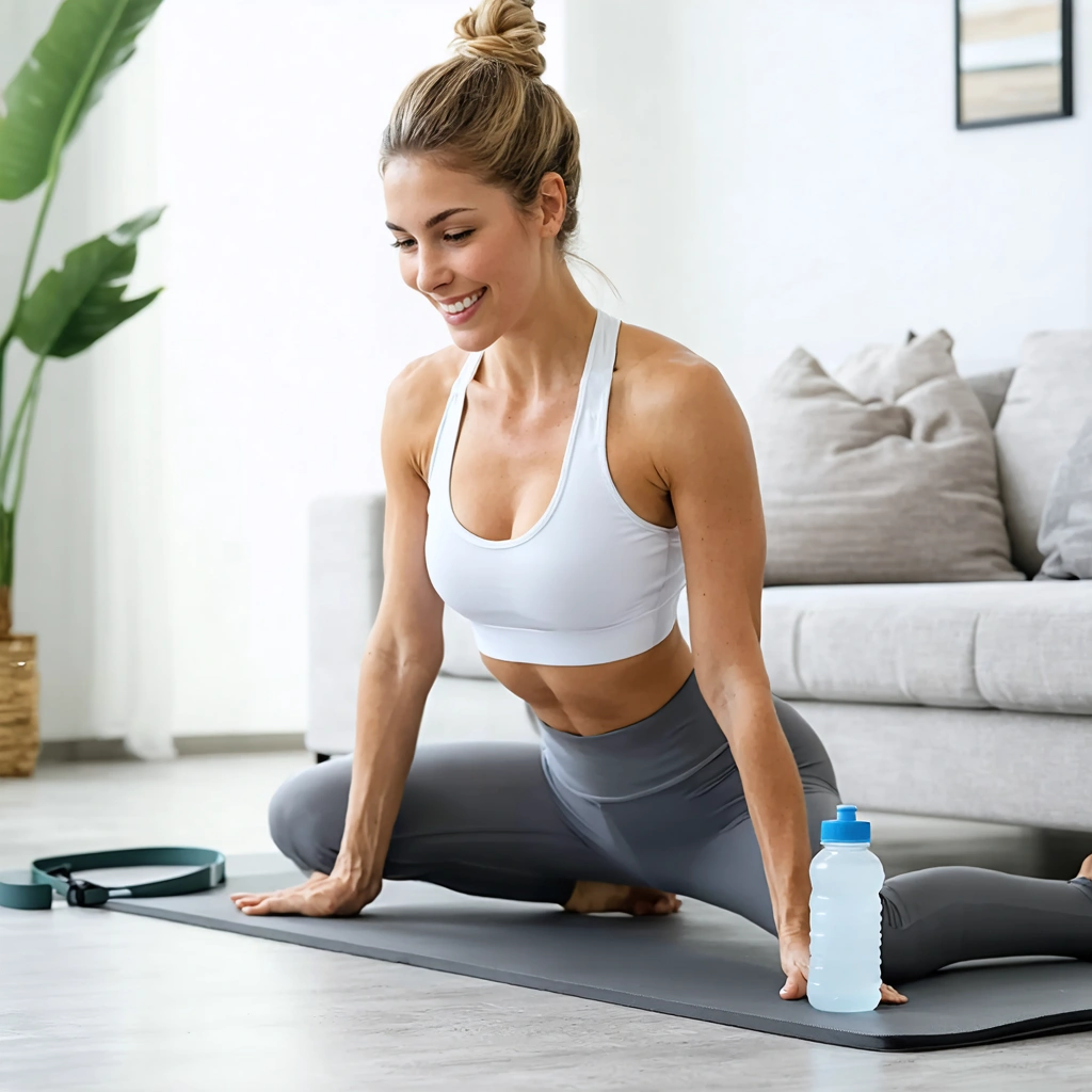Femme effectuant un exercice de renforcement du dos sur un tapis dans un salon lumineux, avec une posture soignee et du petit materiel de sport a domicile.