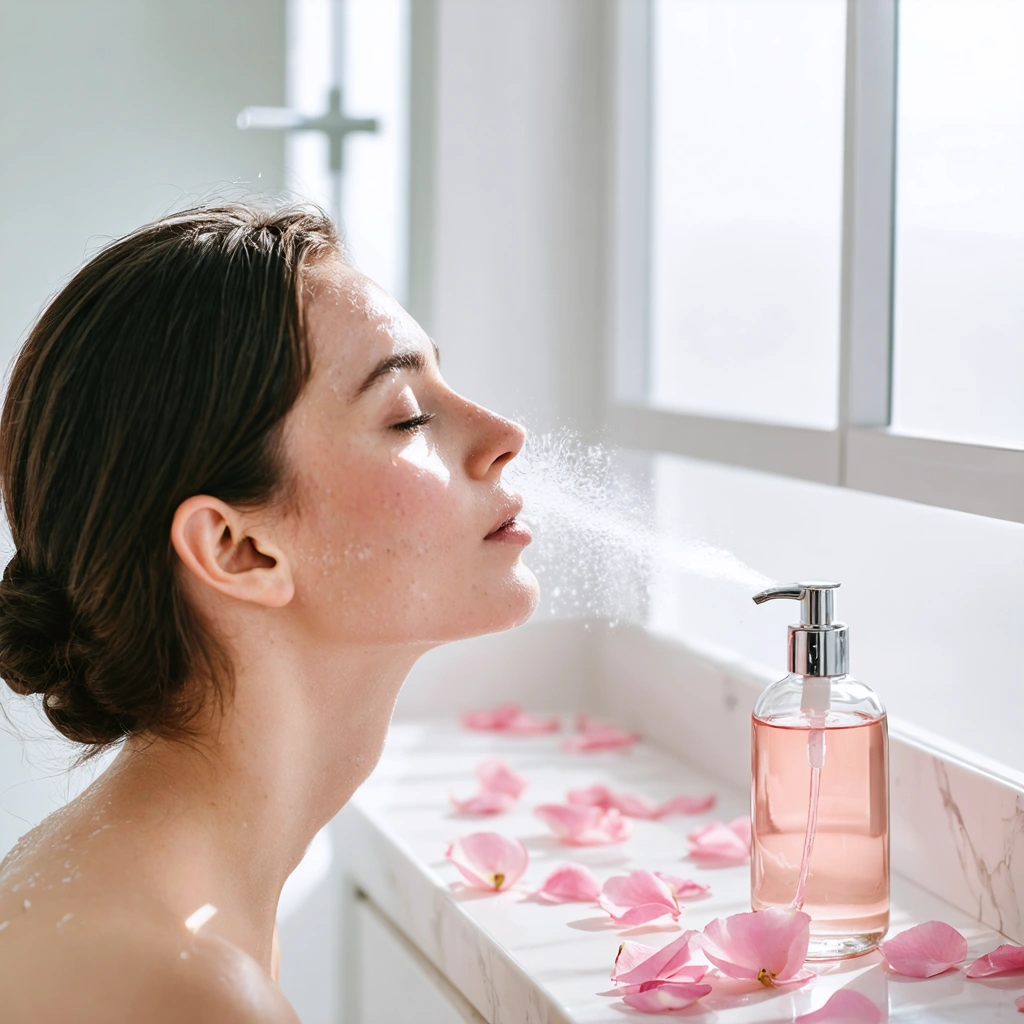 Une femme vaporise de l'eau de rose sur son visage dans une salle de bain lumineuse, avec un flacon en verre et des pétales de rose posés à côté.