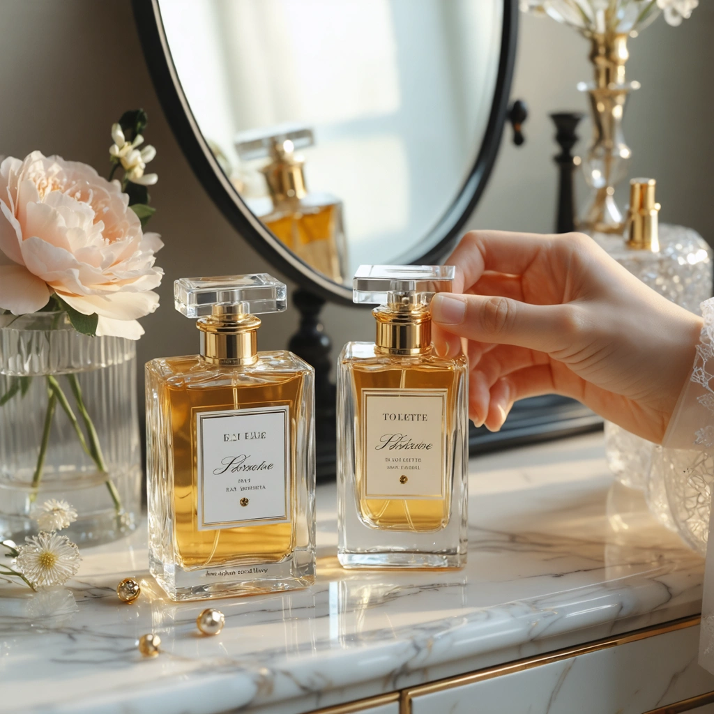 Deux flacons de parfum élégants, l’un représentant une eau de toilette et l’autre une eau de parfum, posés sur une coiffeuse lumineuse avec des fleurs et une main testant le parfum sur le poignet.
