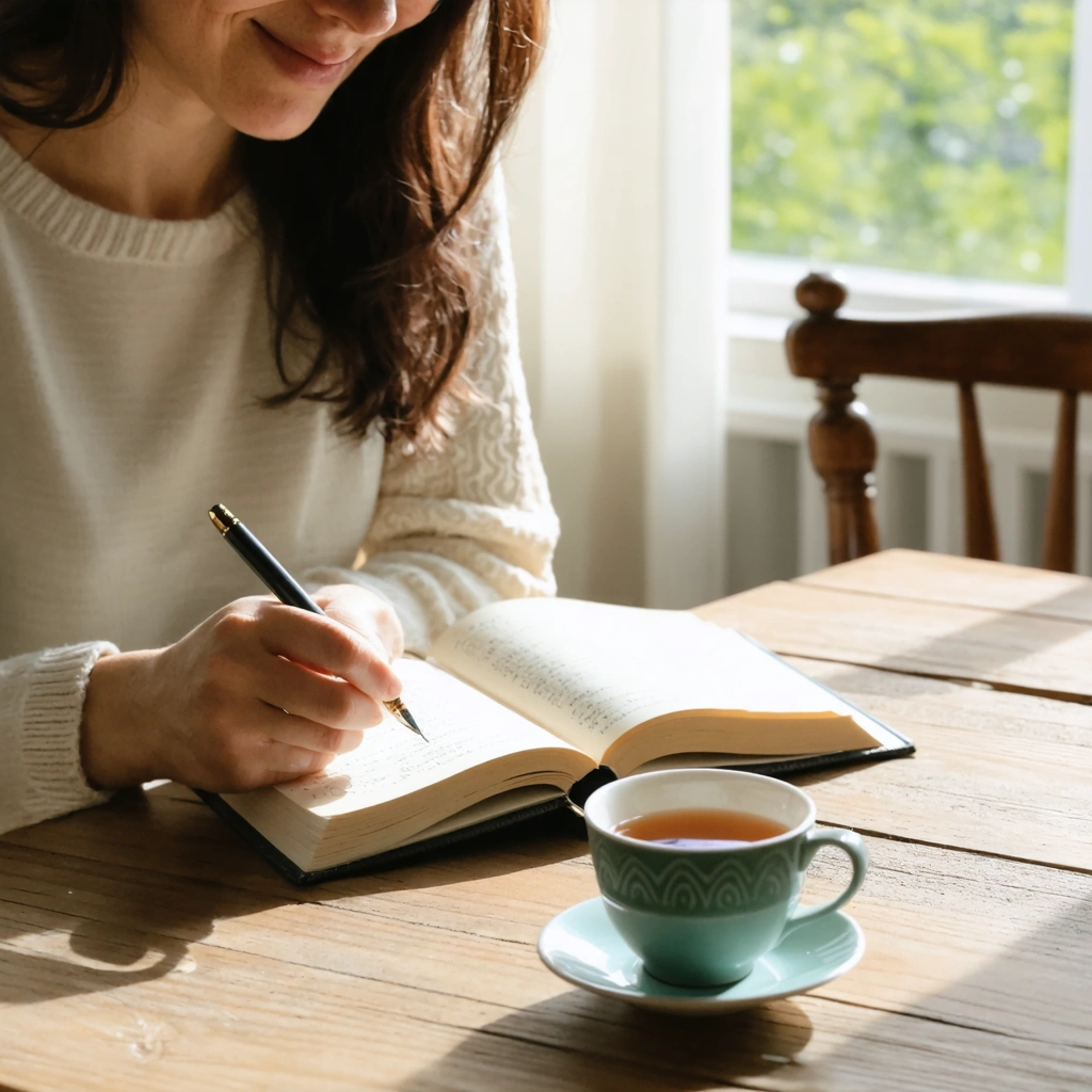 Une femme écrit dans un journal à une table en bois, avec une tasse de thé à côté, dans une ambiance calme et apaisante.