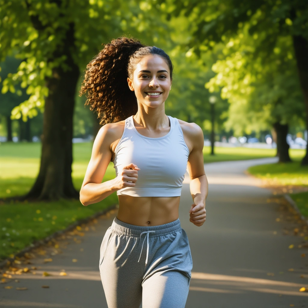 Une femme en tenue de sport alterne marche rapide et footing léger dans un parc, illustrant une progression douce de l’endurance.