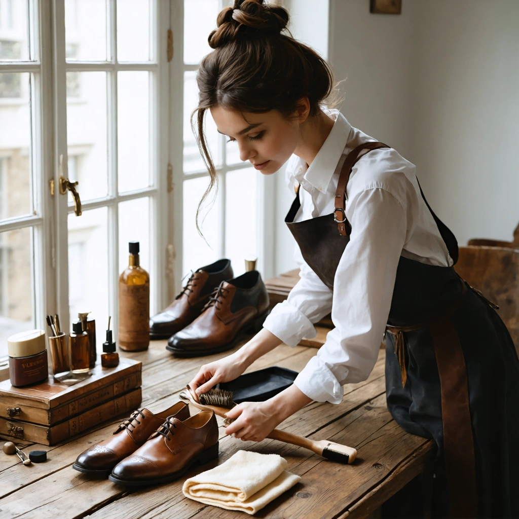 Une femme entretient soigneusement des chaussures en cuir sur une table avec une brosse, un chiffon, un cirage et des embauchoirs en bois.