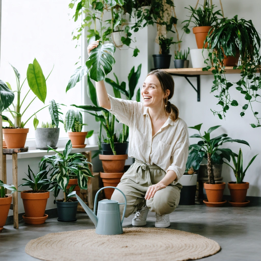Une femme souriante entretient des plantes d'interieur en essuyant les feuilles dans un salon lumineux rempli de plantes vertes en bonne sante.