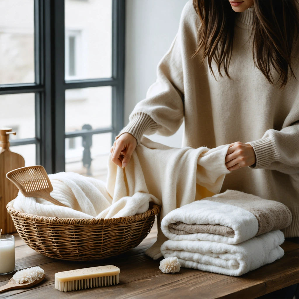 Une femme plie soigneusement un pull en cachemire sur une table avec une bassine, une serviette et des accessoires d’entretien pour laine et cachemire.