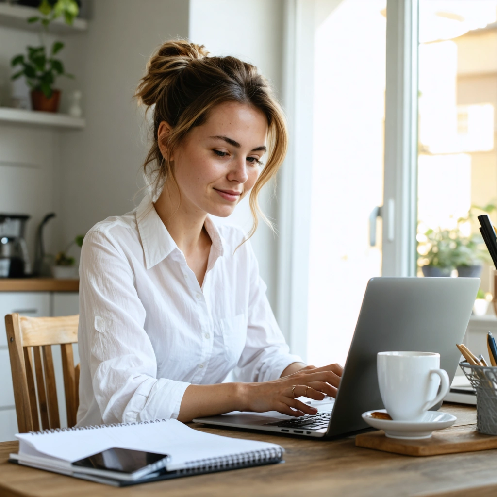 Une femme assise chez elle à une table avec un ordinateur fermé, une tasse de thé et un agenda, dans une ambiance calme qui évoque l’équilibre entre travail et vie personnelle.