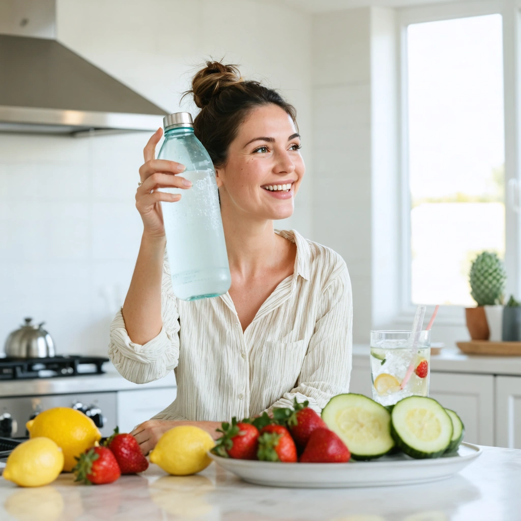 Une femme souriante tient une gourde réutilisable dans un intérieur lumineux, avec un verre d’eau infusée et des fruits frais posés sur une table, illustrant des habitudes simples pour rester hydratée toute la journée.