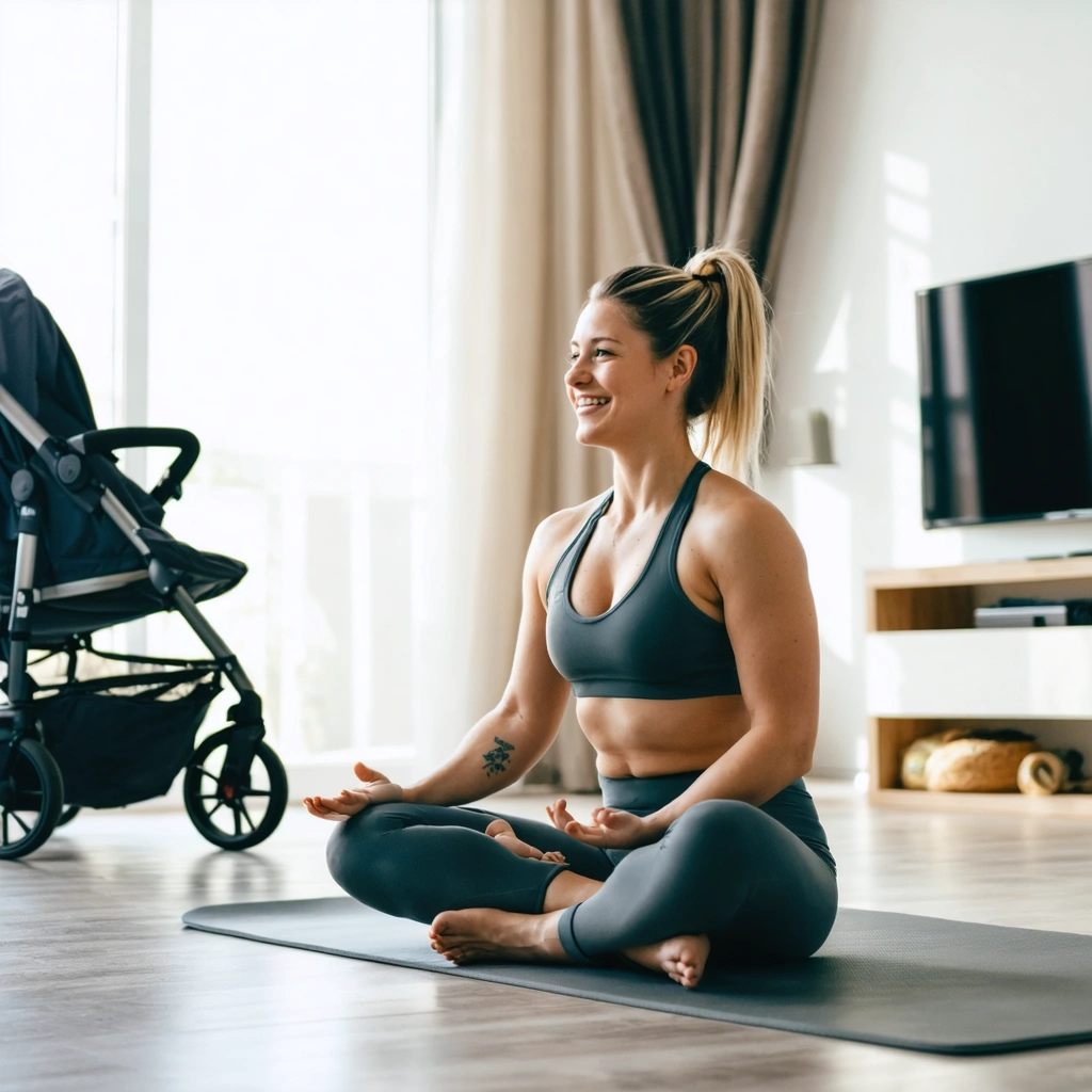 Jeune maman en tenue de sport faisant des exercices doux sur un tapis dans un salon lumineux, avec son bebe a cote, dans une ambiance realiste et apaisante de remise en forme apres grossesse