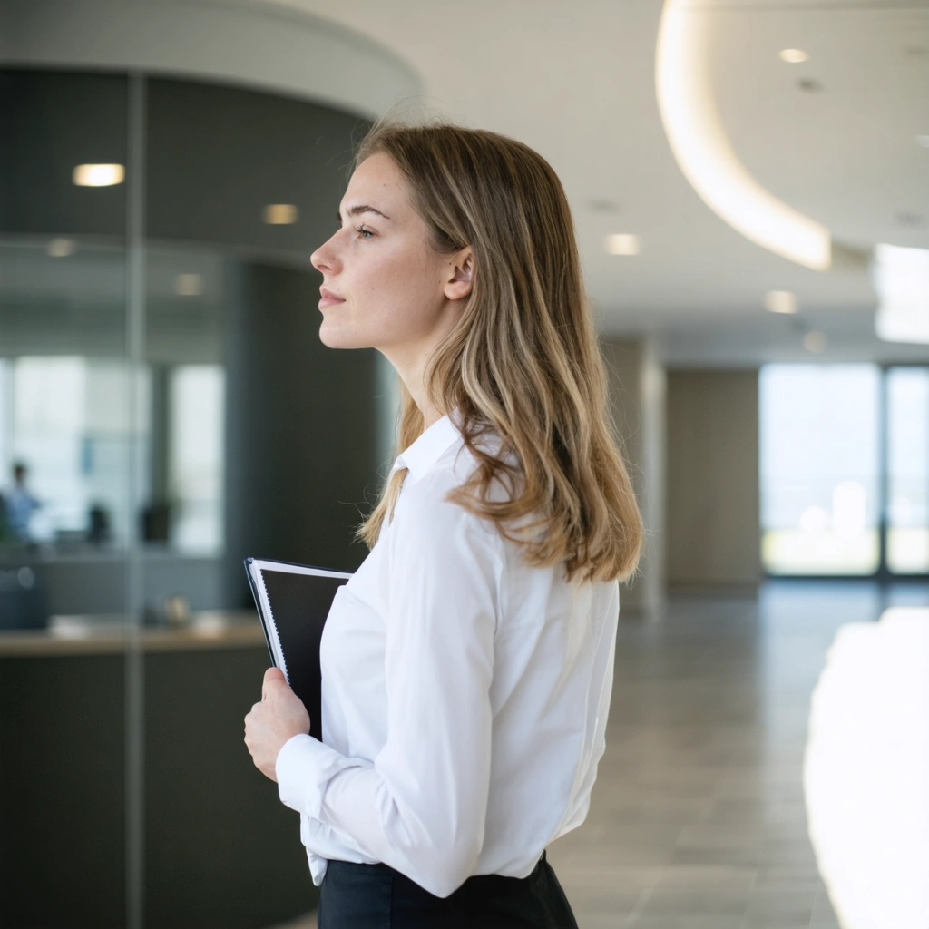 Une femme se calme avant un événement important en respirant profondément, debout dans un couloir avec un carnet à la main.