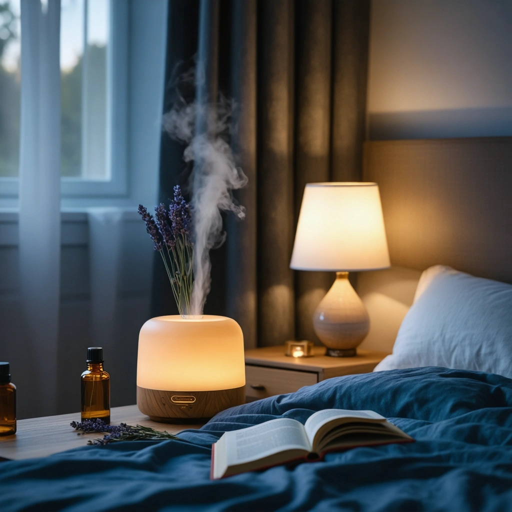 Une chambre apaisante le soir avec un diffuseur d'huiles essentielles, des flacons ambrés et quelques brins de lavande près du lit.