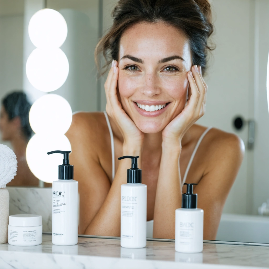 Femme souriante appliquant un soin anti-rides devant un miroir dans une salle de bain lumineuse, avec plusieurs produits cosmétiques posés sur le plan de toilette.