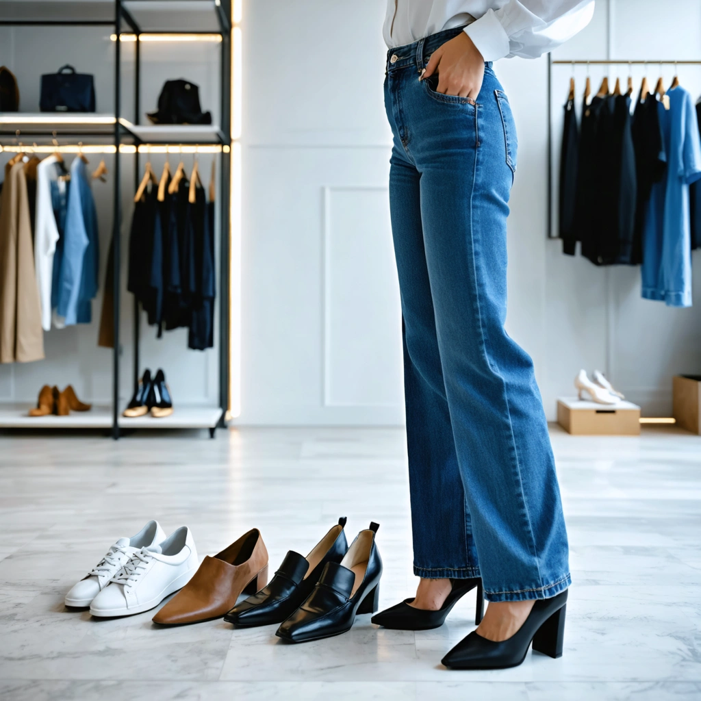 Une femme porte un jean large bleu dans un espace dressing lumineux et compare plusieurs chaussures stylées, dont des baskets blanches, des bottines, des mocassins et des escarpins.