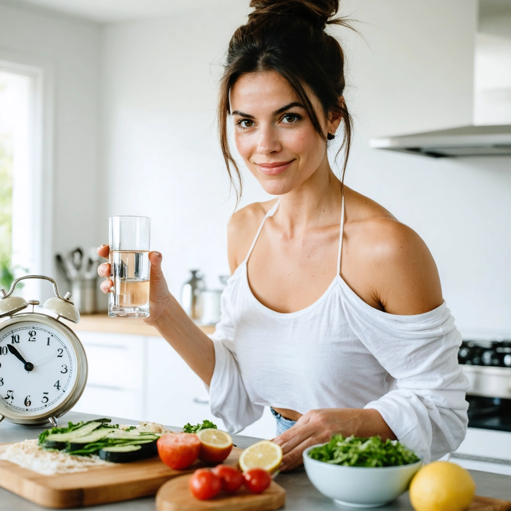 Une femme dans une cuisine lumineuse pratique le jeûne intermittent avec un verre d'eau, une horloge visible et un repas sain posé sur la table.