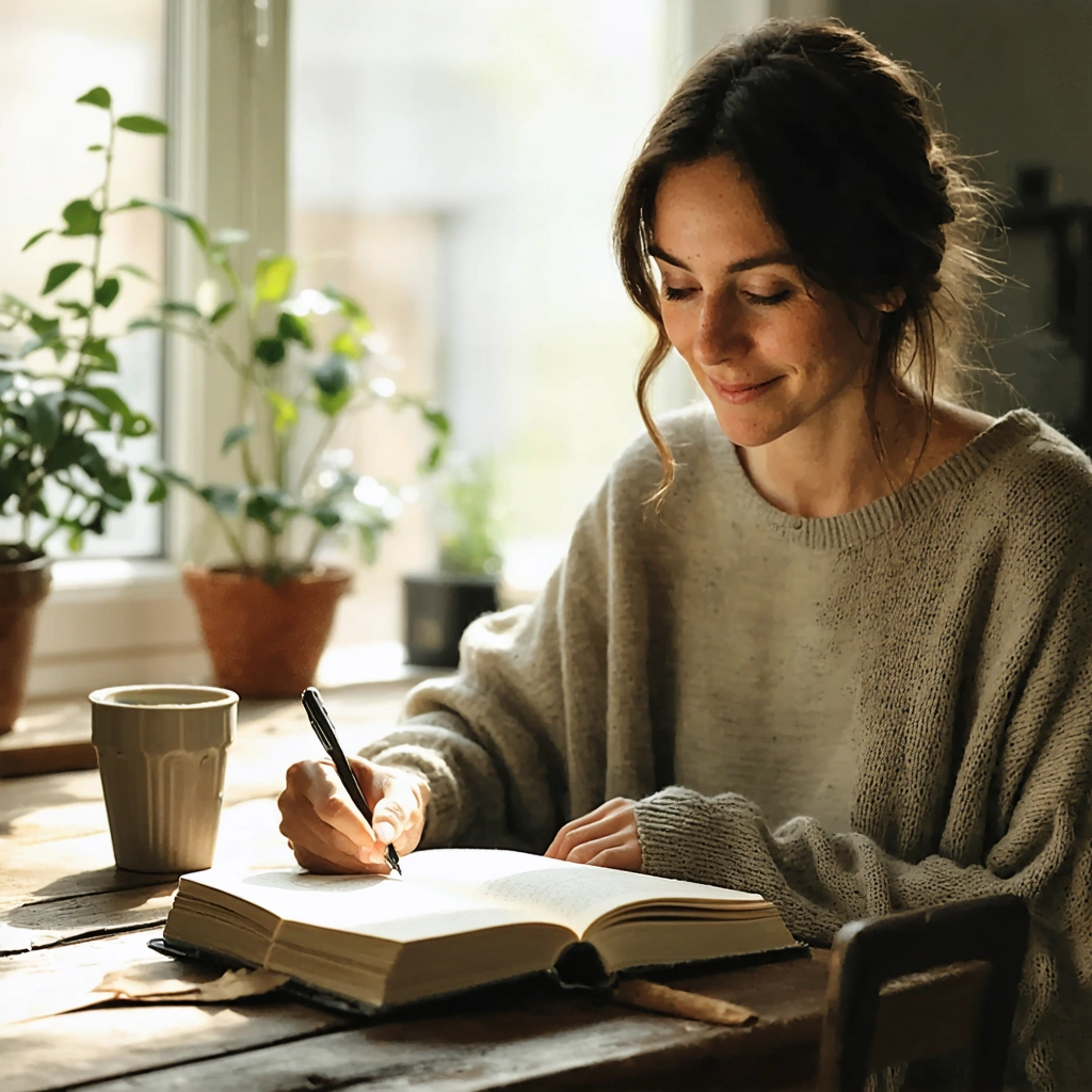 Une femme écrit dans un journal de gratitude à une table en bois, le matin, avec une tasse chaude et une lumière naturelle apaisante.