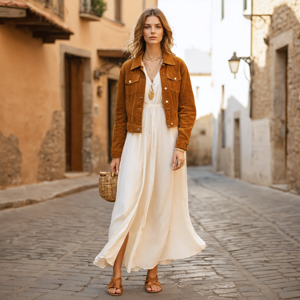 Femme portant une tenue bohème chic élégante et naturelle avec robe fluide, veste en daim clair et accessoires sobres dans une rue lumineuse